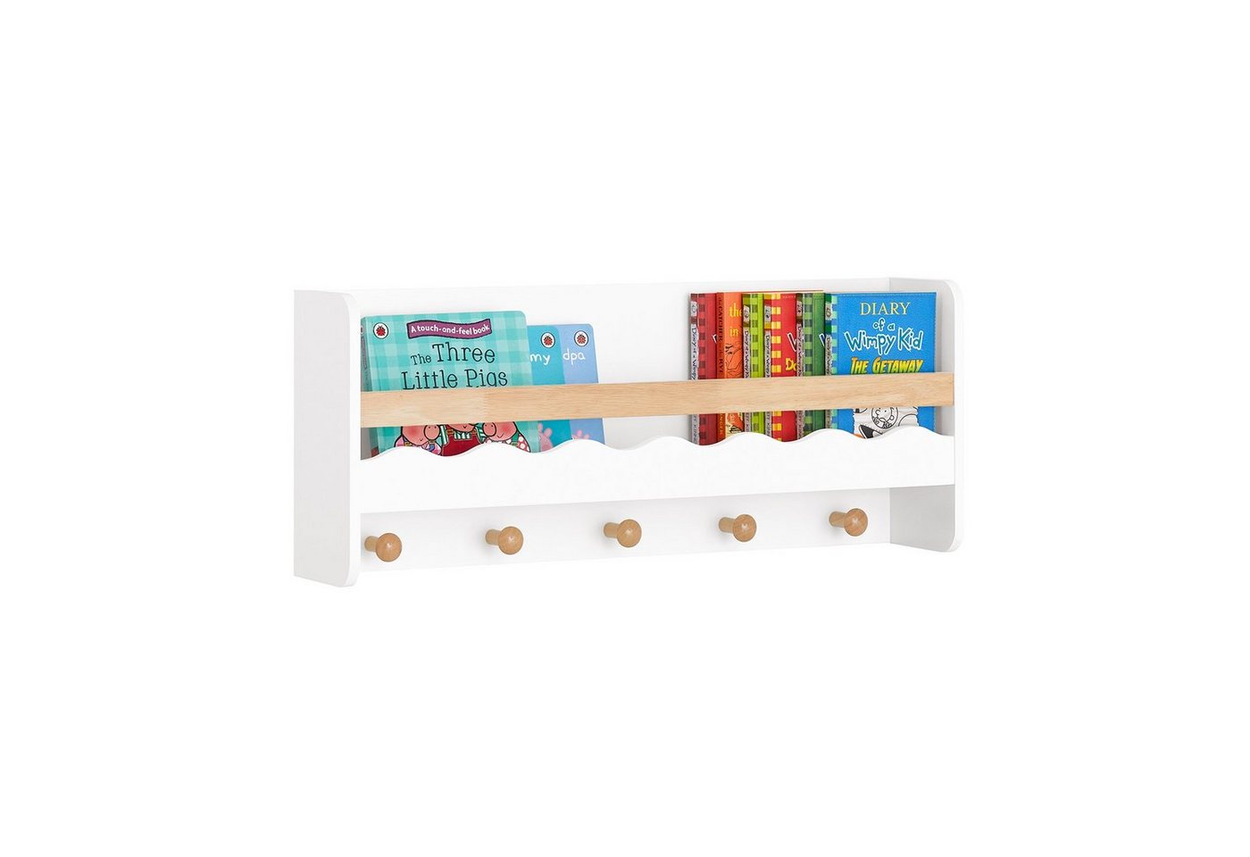 SoBuy Wandregal KMB78, Kindergarderobe Kinderregal Bücherregal Wandregal mit 5 Haken, Hängeregal mit Ablage Wandgarderobe Garderobenleiste für Kinder – Bild 2 von 5