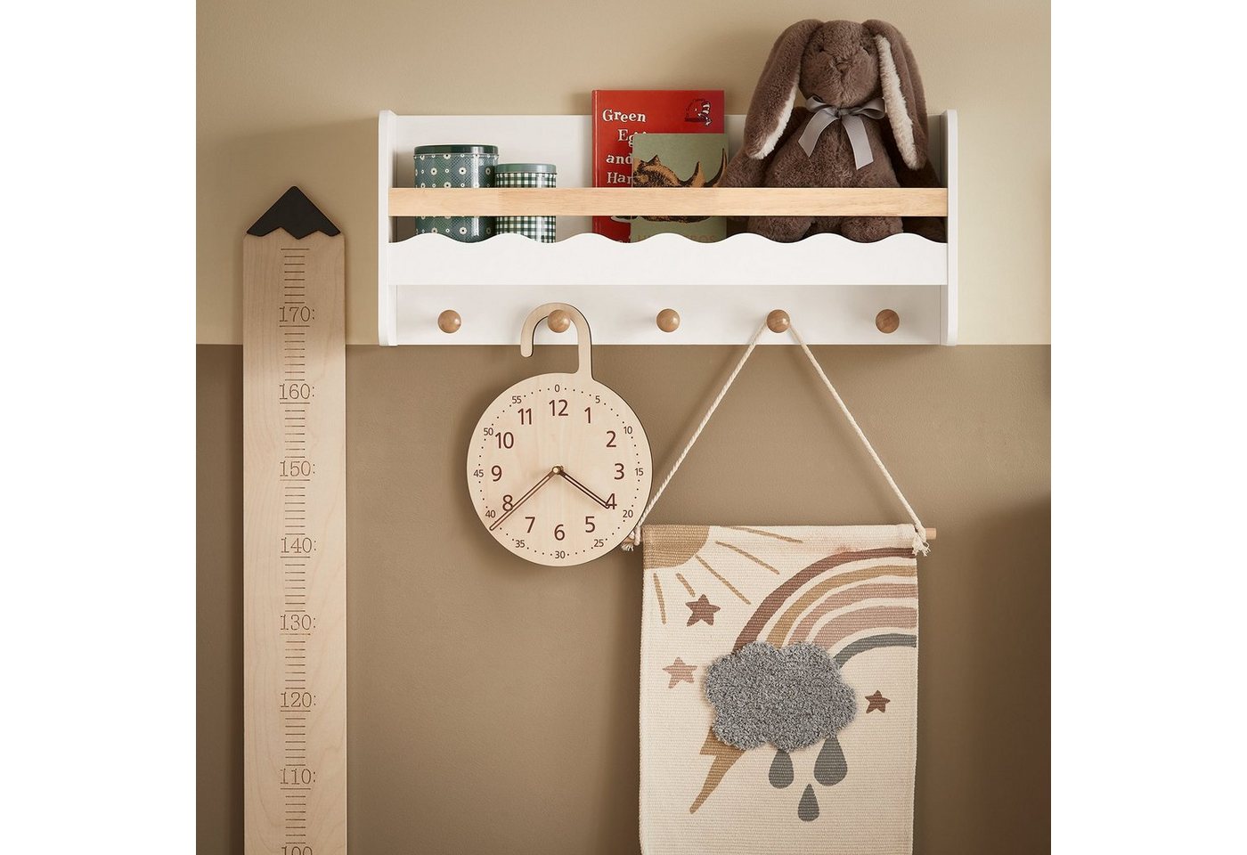 SoBuy Wandregal KMB78, Kindergarderobe Kinderregal Bücherregal Wandregal mit 5 Haken, Hängeregal mit Ablage Wandgarderobe Garderobenleiste für Kinder – Bild 3 von 5