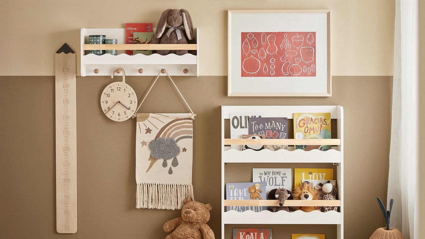 SoBuy Wandregal KMB78, Kindergarderobe Kinderregal Bücherregal Wandregal mit 5 Haken, Hängeregal mit Ablage Wandgarderobe Garderobenleiste für Kinder – Bild 4 von 5