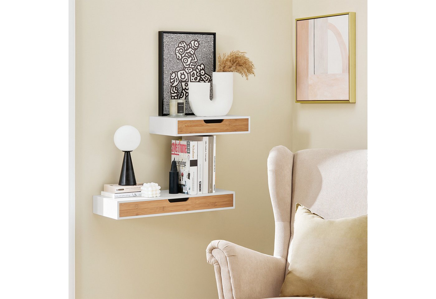 SoBuy Wandregal Schweberegal, 2er Set Wandboard, Nachttisch hängend Schublade – Bild 3 von 5