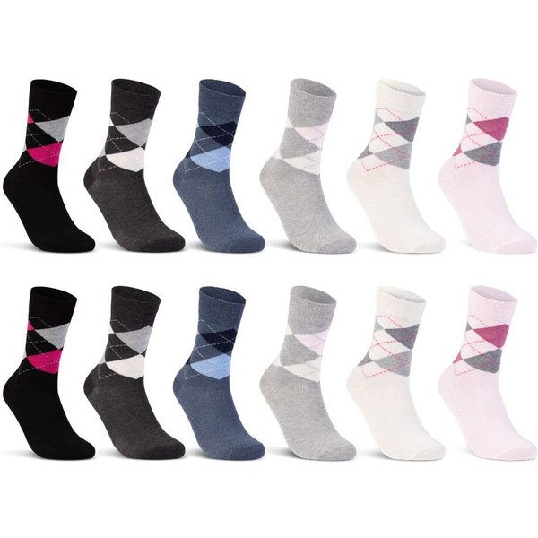 sockenkauf24 Basicsocken 6 oder 12 Paar Damen Socken Kariert Baumwolle (12-Paar, 35-38) Komfortbund Karomuster (E-800) WP