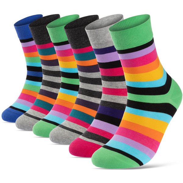 sockenkauf24 Basicsocken Damen Socken Bunt Ringelsocken Gestreift Baumwolle mit Komfortbund (6-Paar, 35-38) ohne Naht - 11979