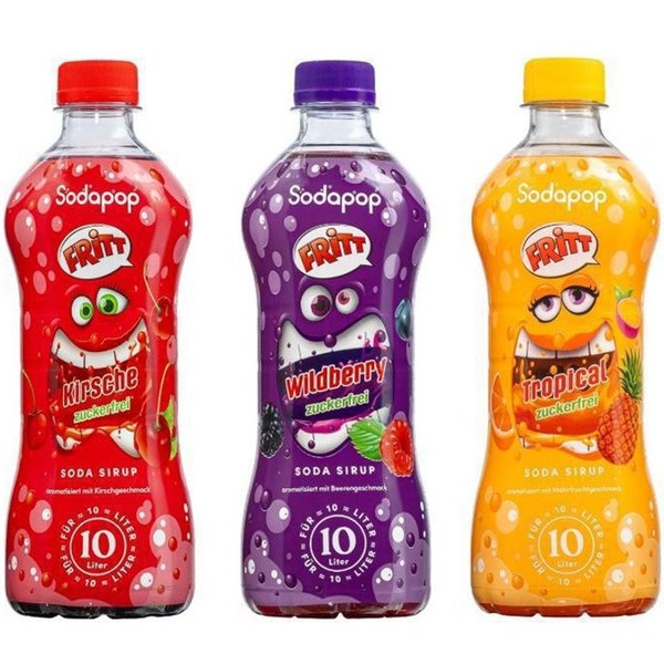 Sodapop Getränke-Sirup FRITT 3er Set, 3 x 0,5 l, 500 ml, (Set, 1x FRITT Kirsche, 1x FRITT Wildberry und 1x FRITT Tropical), zuckerfrei, Immer verdünnen!