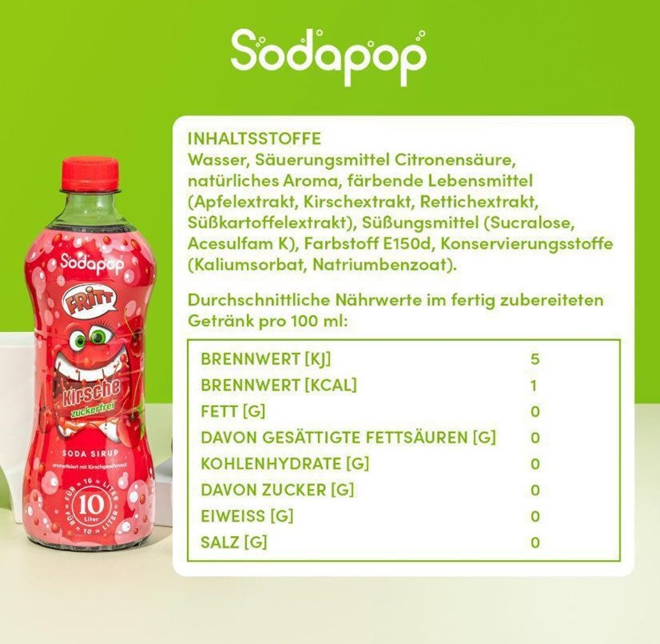 Sodapop Getränke-Sirup FRITT 3er Set, 3 x 0,5 l, 500 ml, (Set, 1x FRITT Kirsche, 1x FRITT Wildberry und 1x FRITT Tropical), zuckerfrei, Immer verdünnen! – Bild 5 von 5