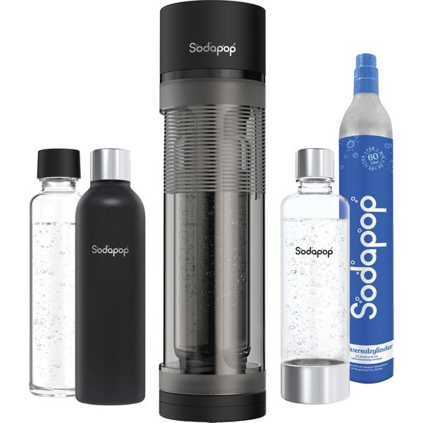 Sodapop Wassersprudler Logan mit Glas-, PET- & Edelstahlflasche - CO²-Zylinder enthalten, (Starterset, Komplettset inklusive 3 Flaschen sowie CO₂-Zylinder), 3 v