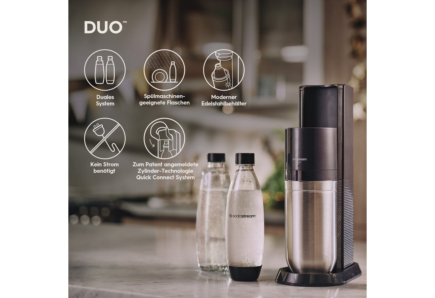 SodaStream Wassersprudler DUO, (Set, 4-tlg), CO2-Zylinder, 1L Glasflasche, 1L spülmaschinenfeste Kunststoff-Flasche – Bild 3 von 5