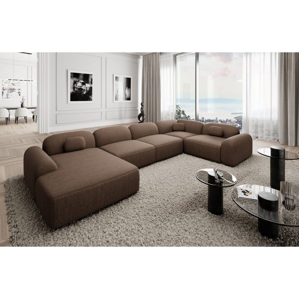 Sofa Dreams Wohnlandschaft Barcelona U Form Stoffsofa 6-Sitzer, Lounge Couch Strukturstoff Braun Ottomane links