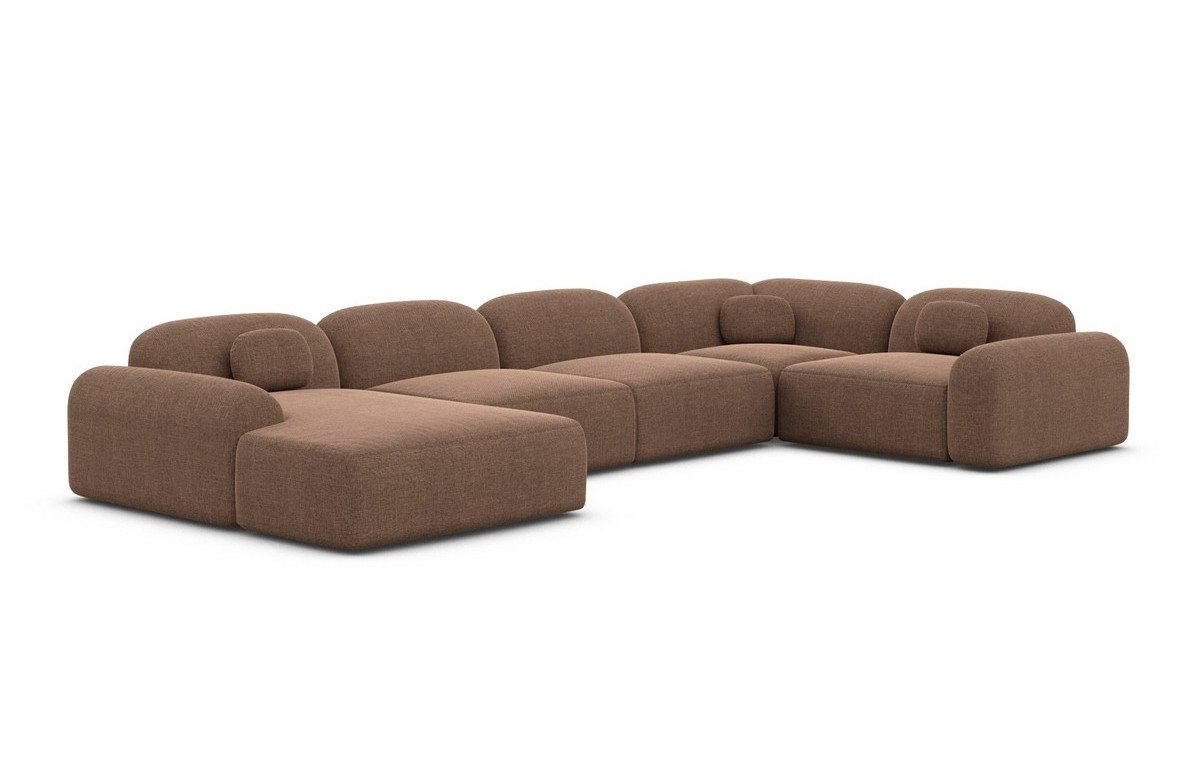 Sofa Dreams Wohnlandschaft Barcelona U Form Stoffsofa 6-Sitzer, Lounge Couch Strukturstoff Braun Ottomane links – Bild 2 von 5