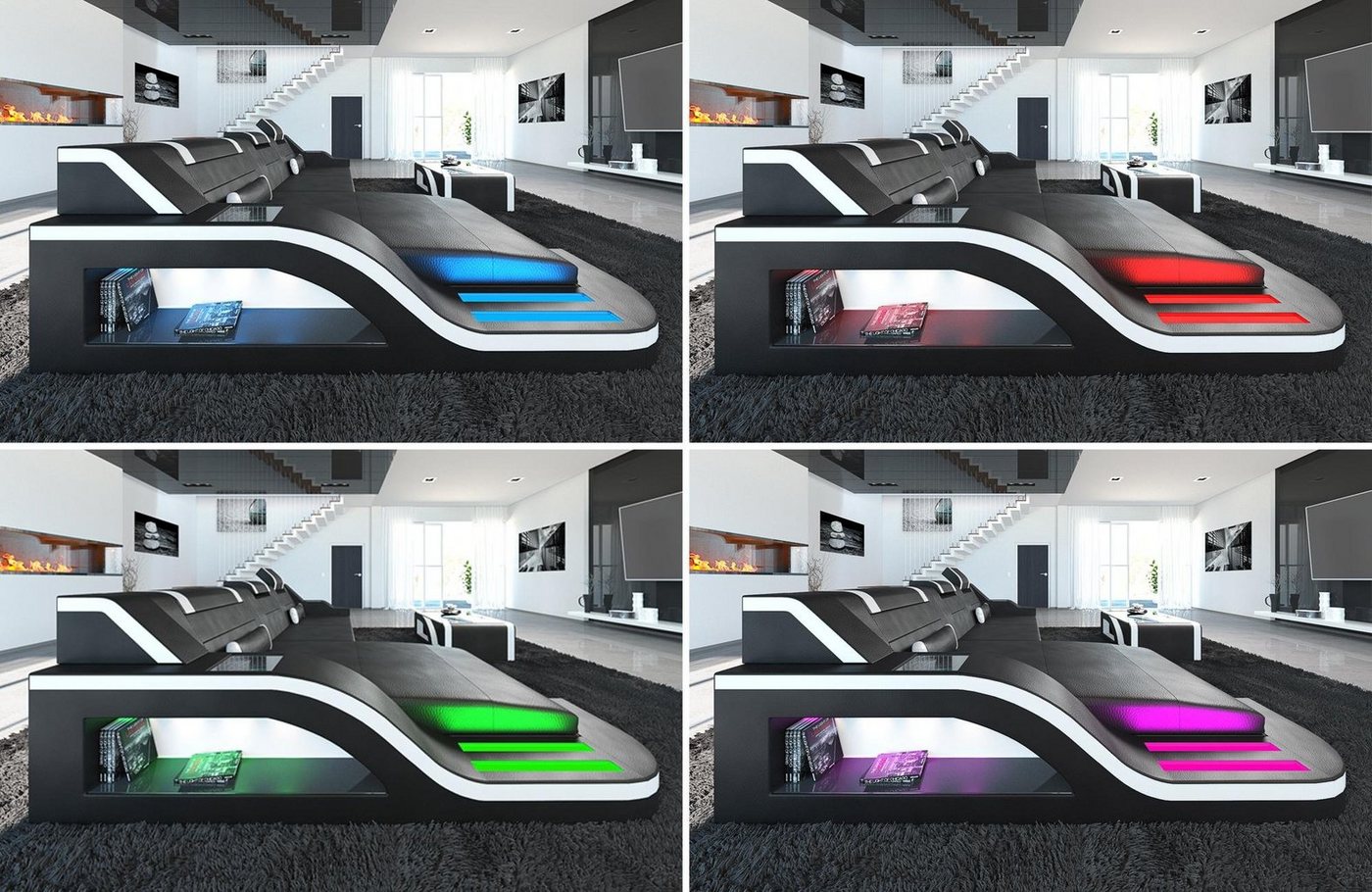 Sofa Dreams Wohnlandschaft Stoffsofa Couch Stoff Polster Palermo U Form Sofa, mit LED, ausziehbare Bettfunktion, USB-Anschluss, Designersofa – Bild 3 von 4