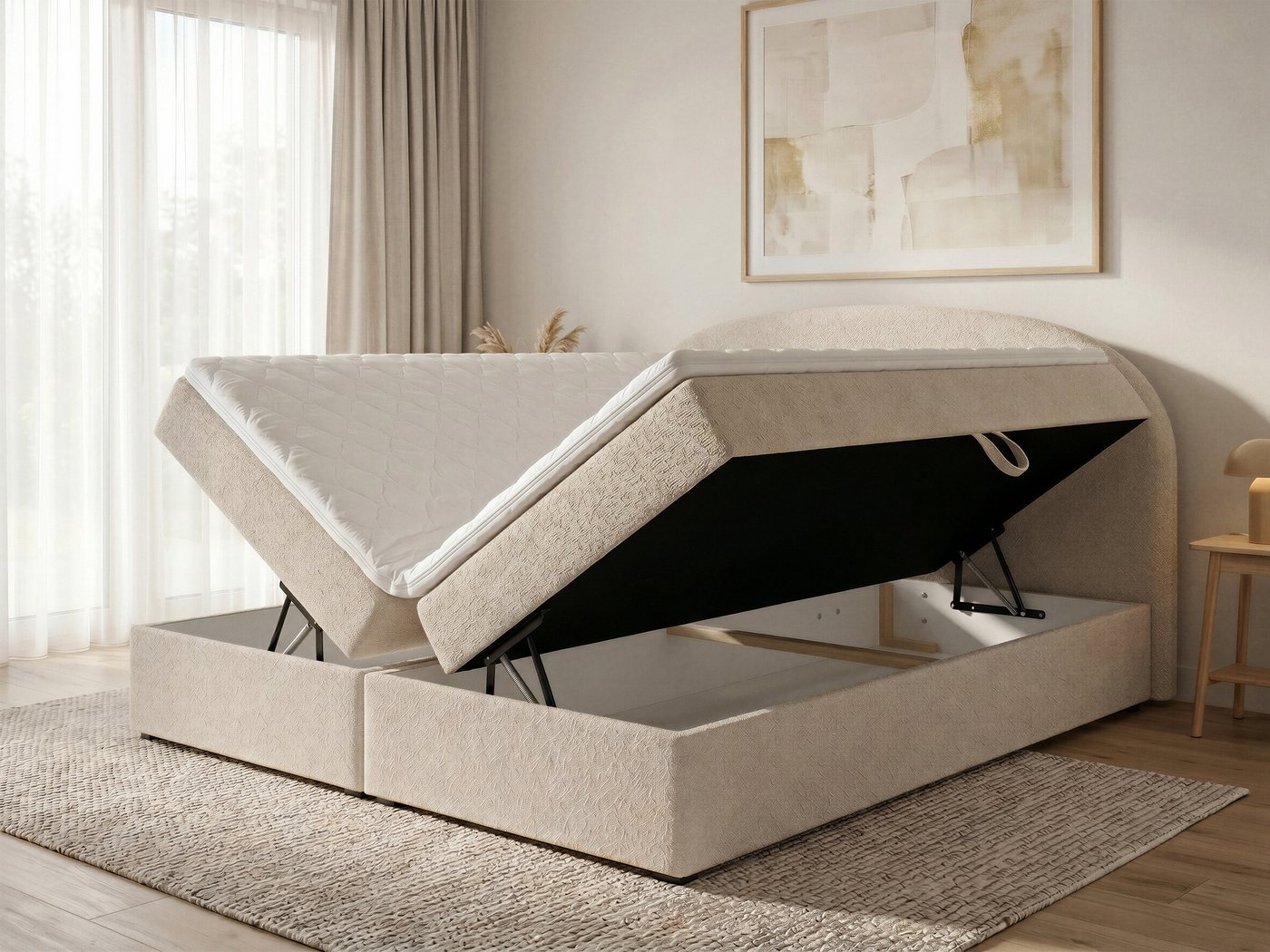 Sofnet Boxbett Cloud (mit zwei Bettkästen, Bonell-Matratze und Topper), Doppelbett, Polsterbett mit Kopfteil, Boxspringbett, Bouclé-Stoff – Bild 3 von 5