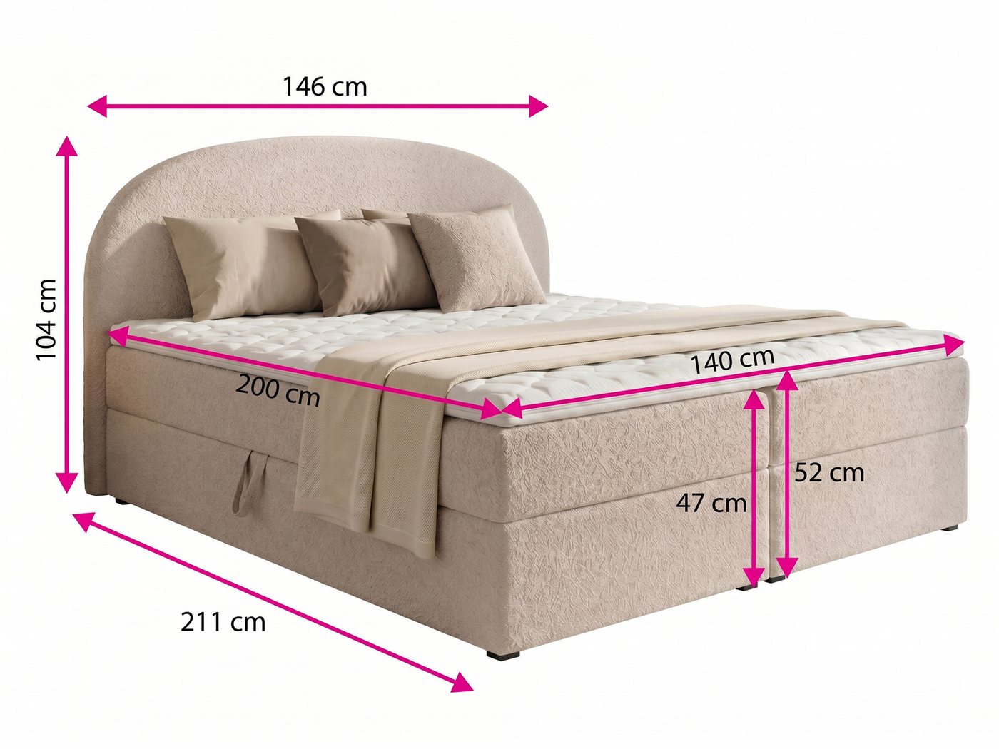 Sofnet Boxbett Cloud (mit zwei Bettkästen, Bonell-Matratze und Topper), Doppelbett, Polsterbett mit Kopfteil, Boxspringbett, Bouclé-Stoff – Bild 4 von 5