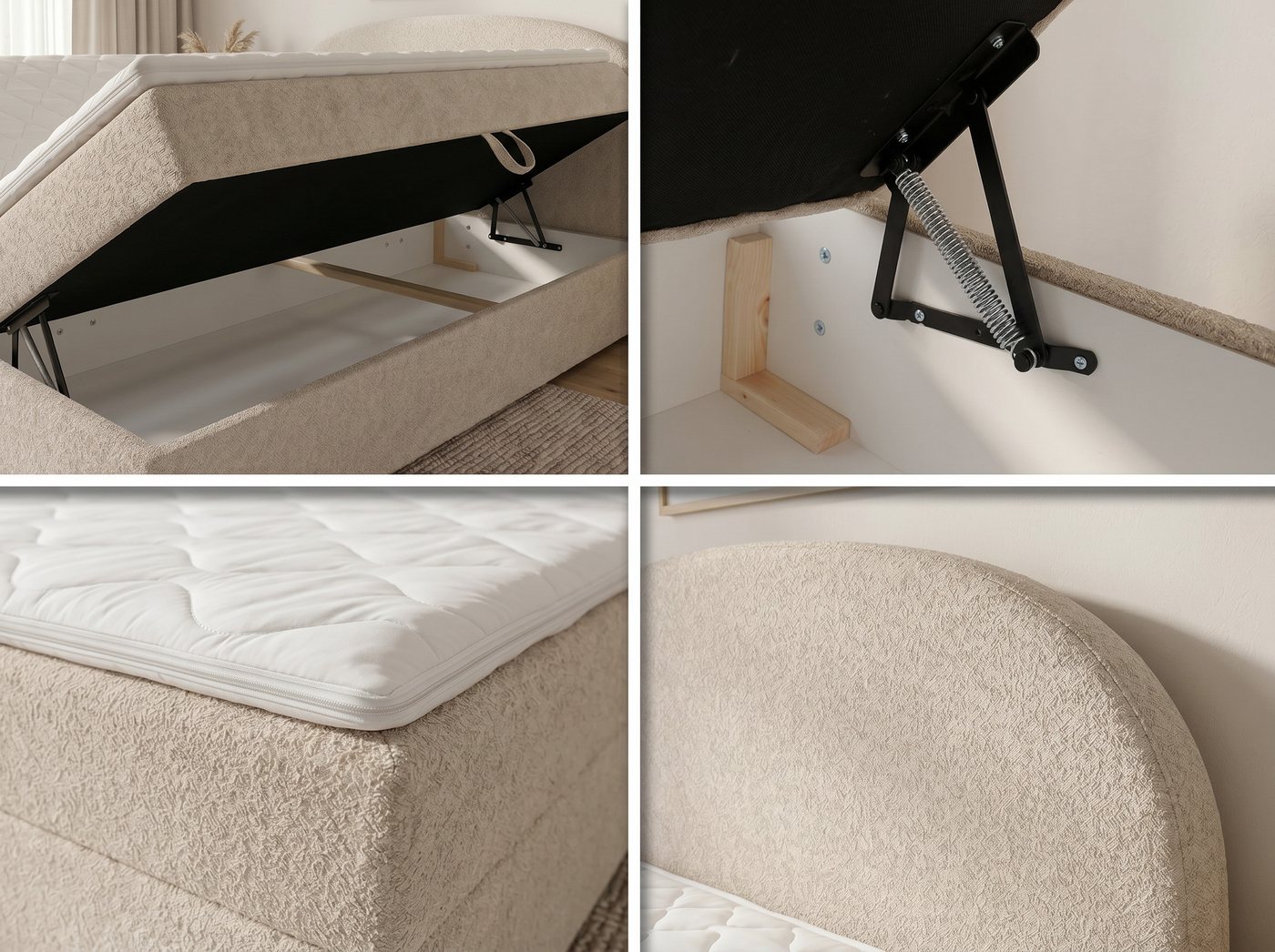 Sofnet Boxbett Cloud (mit zwei Bettkästen, Bonell-Matratze und Topper), Doppelbett, Polsterbett mit Kopfteil, Boxspringbett, Bouclé-Stoff – Bild 5 von 5