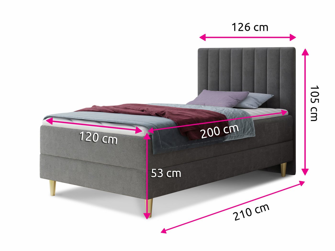 Sofnet Boxbett Gold Mini (mit Bettkasten, Bonell-Matratze und Topper), Einzelbett, Polsterbett, Boxspringbett, Kinderbett, Gold Füße – Bild 5 von 5