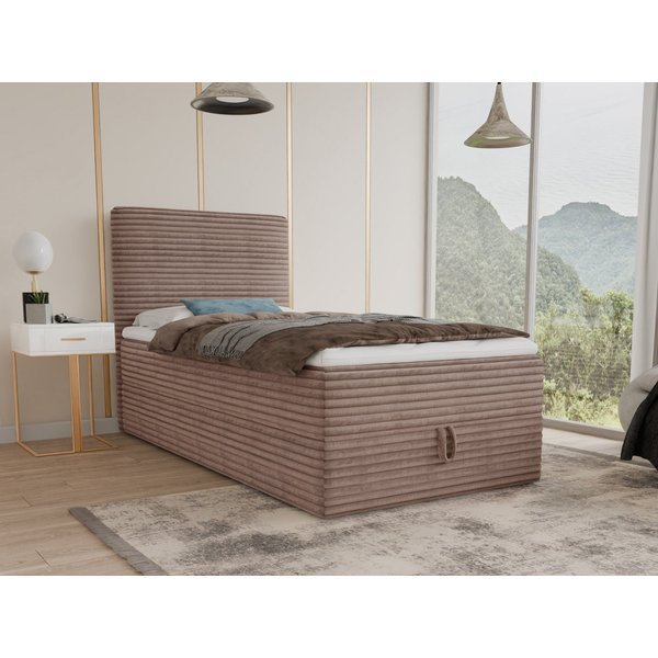 Sofnet Boxbett Mollo Mini (großer Bettkasten, Bonell-Matratze und Topper), Einzelbett, Polsterbett mit Kopfteil, Boxspringbett, Cordstoff