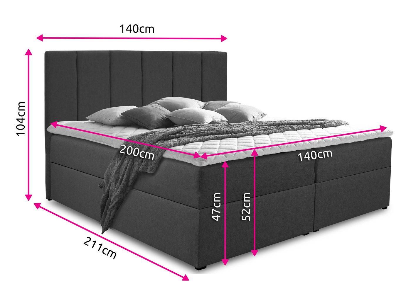 Sofnet Boxbett Star (mit zwei Bettkästen, Bonell-Matratze und Topper), Doppelbett, Polsterbett mit Kopfteil, Boxspringbett – Bild 5 von 5