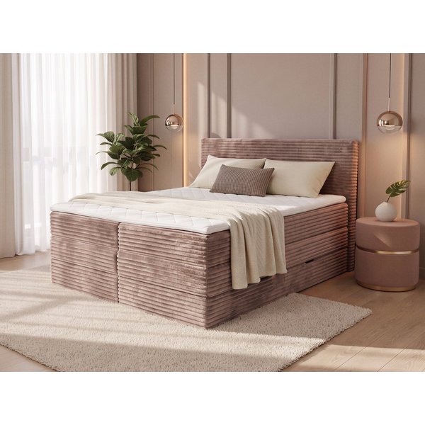 Sofnet Boxspringbett Mollo XL (2x Bettkästen, Bonellfederkern- und Taschenfederkernmatratze, Topper), Polsterbett, Doppelbett, Cord Bezug, mit Kopfteil, 140/160