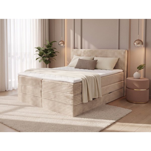Sofnet Boxspringbett Mollo XL (2x Bettkästen, Bonellfederkern- und Taschenfederkernmatratze, Topper), Polsterbett, Doppelbett, Cord Bezug, mit Kopfteil, 140/160