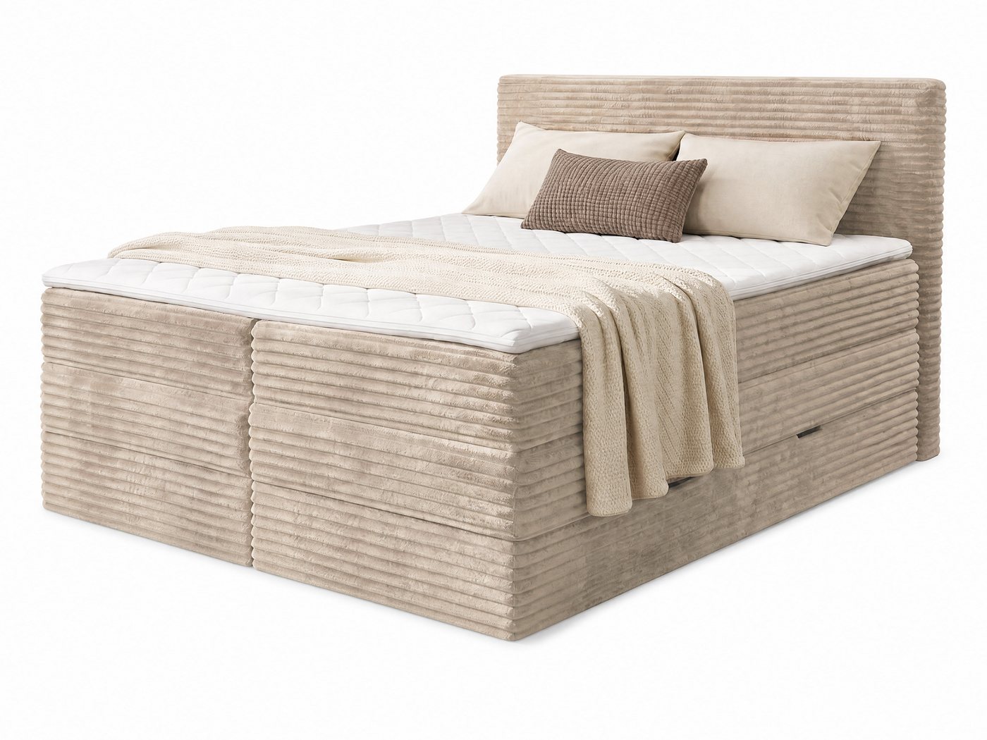 Sofnet Boxspringbett Mollo XL (2x Bettkästen, Bonellfederkern- und Taschenfederkernmatratze, Topper), Polsterbett, Doppelbett, Cord Bezug, mit Kopfteil, 140/160 – Bild 2 von 5