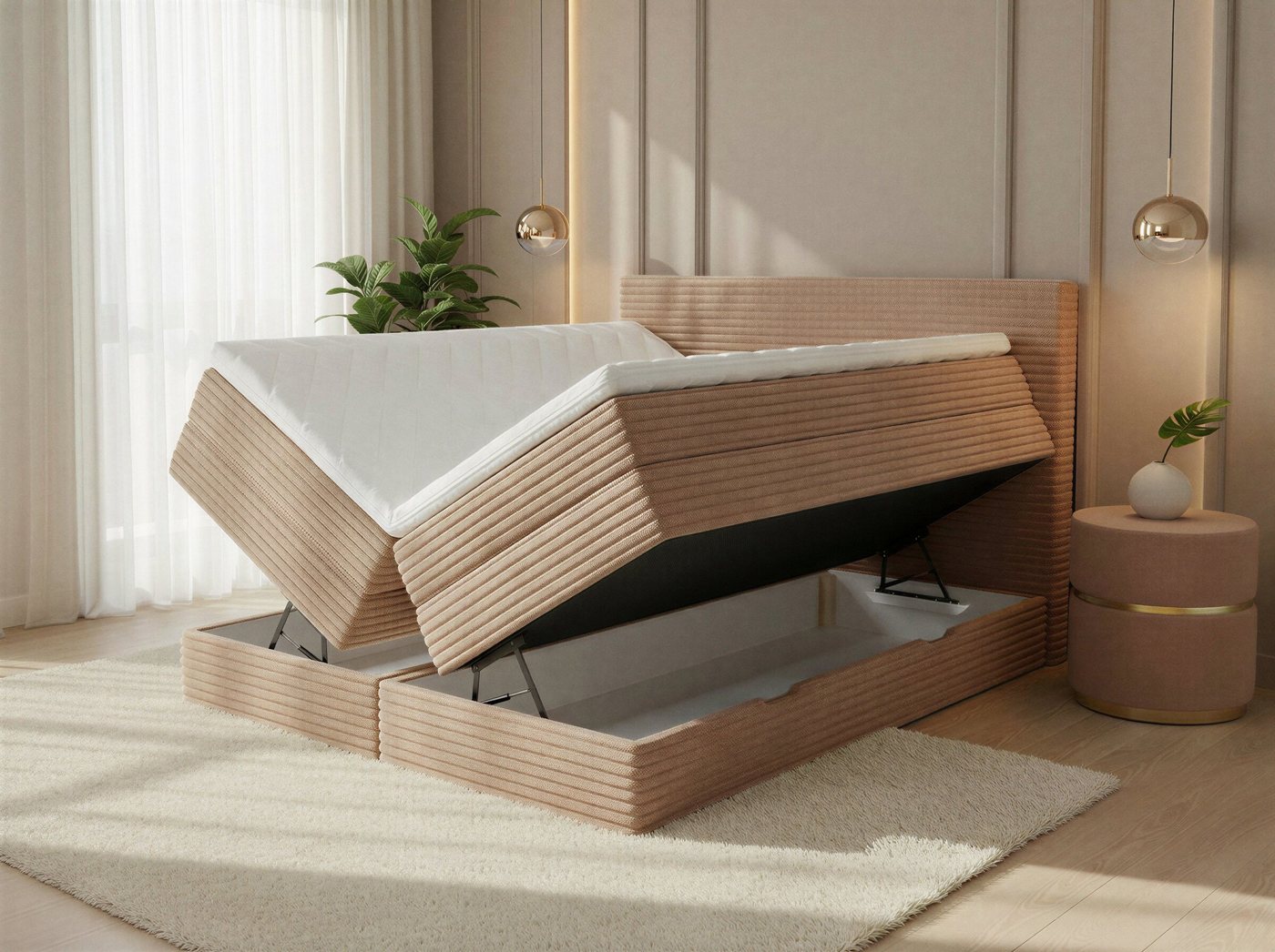 Sofnet Boxspringbett Mollo XL (2x Bettkästen, Bonellfederkern- und Taschenfederkernmatratze, Topper), Polsterbett, Doppelbett, Cord Bezug, mit Kopfteil, 140/160 – Bild 3 von 5