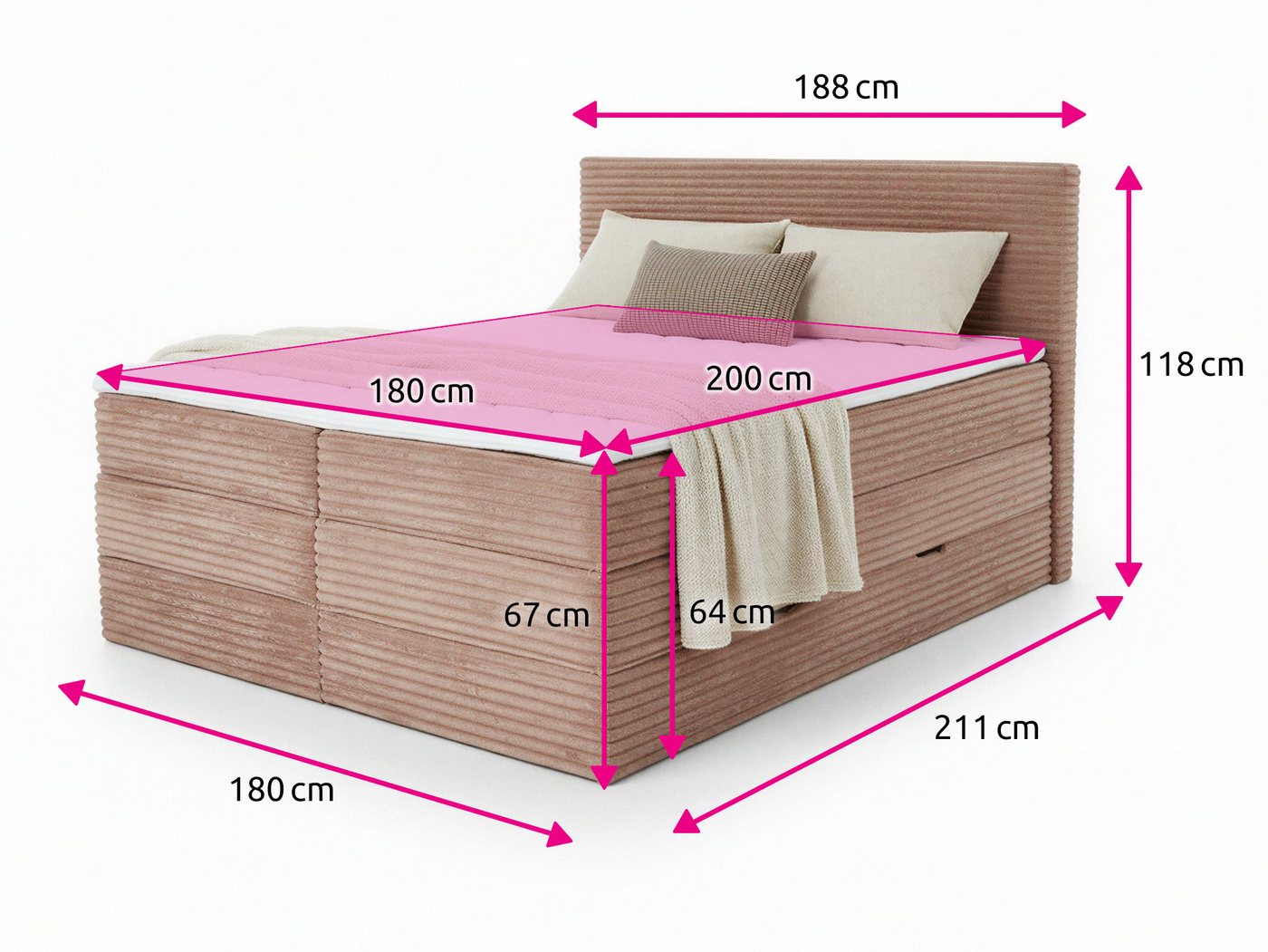 Sofnet Boxspringbett Mollo XL (2x Bettkästen, Bonellfederkern- und Taschenfederkernmatratze, Topper), Polsterbett, Doppelbett, Cord Bezug, mit Kopfteil, 140/160 – Bild 4 von 5