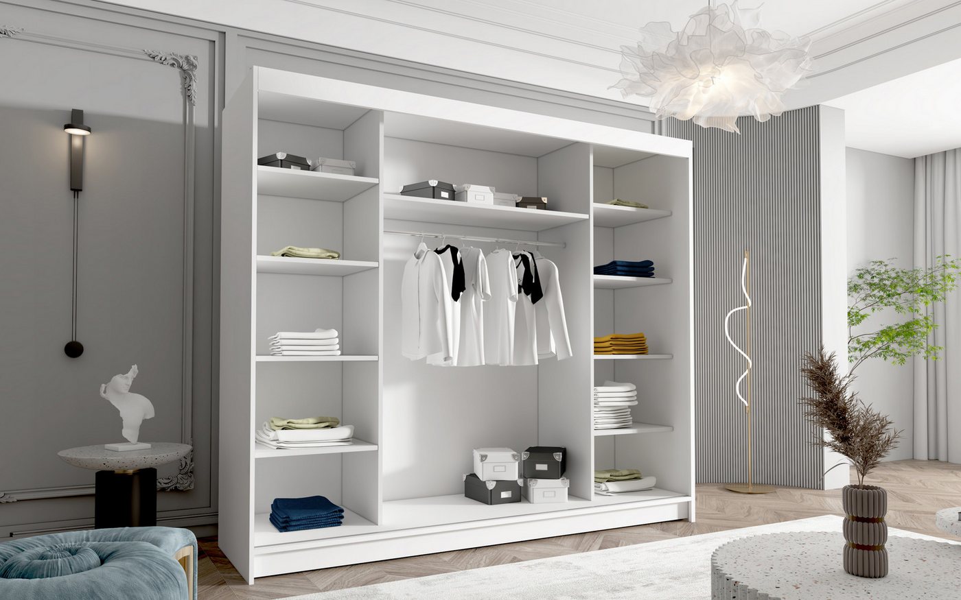 Sofnet Kleiderschrank Davos VI (mit Spiegel, Schiebetüren und Kleiderstange) Schwebetürenschrank mit 3 Türen, Schiebetürenschrank - 250x215x58 cm – Bild 3 von 3