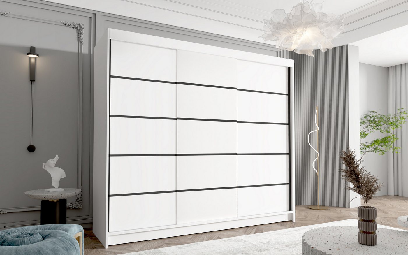 Sofnet Kleiderschrank Davos VII (mit Schiebetüren und Kleiderstange) Schwebetürenschrank mit 3 Türen, Schiebetürenschrank - 250x215x58 cm – Bild 2 von 3