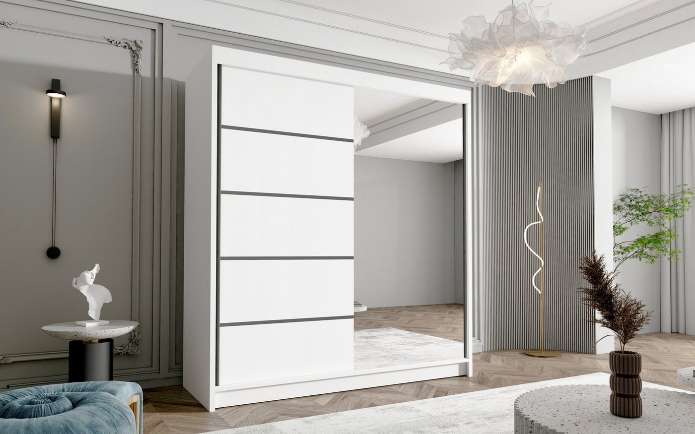 Sofnet Kleiderschrank Harry III (mit Spiegel, Schiebetüren und Kleiderstange) Schwebetürenschrank mit 2 Türen, Schiebetürenschrank - 180x215x58 cm – Bild 2 von 3