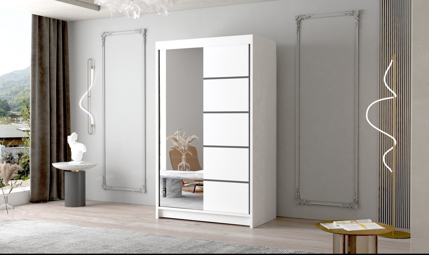 Sofnet Kleiderschrank Letto III (mit Spiegel, Schiebetüren und Kleiderstange) Schwebetürenschrank mit 2 Türen, Schiebetürenschrank - 100x200x58 cm – Bild 2 von 3