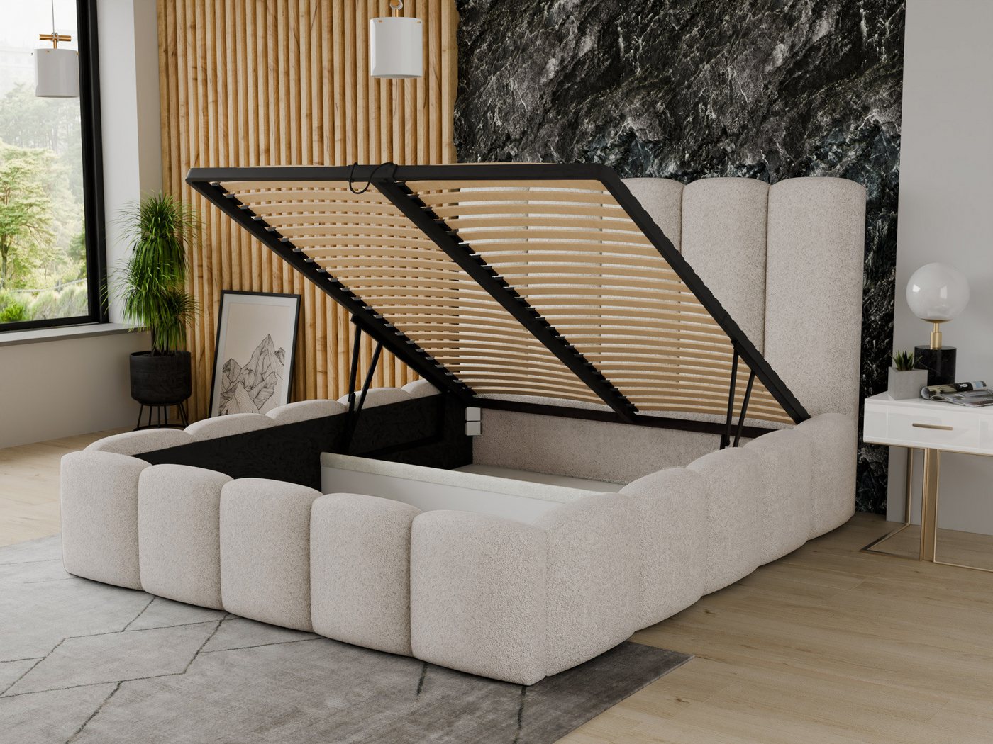 Sofnet Polsterbett Aura (mit Bettkasten und Lattenrost), Doppelbett, Bett mit Gasdruckfeder, Bouclé-Material – Bild 3 von 5