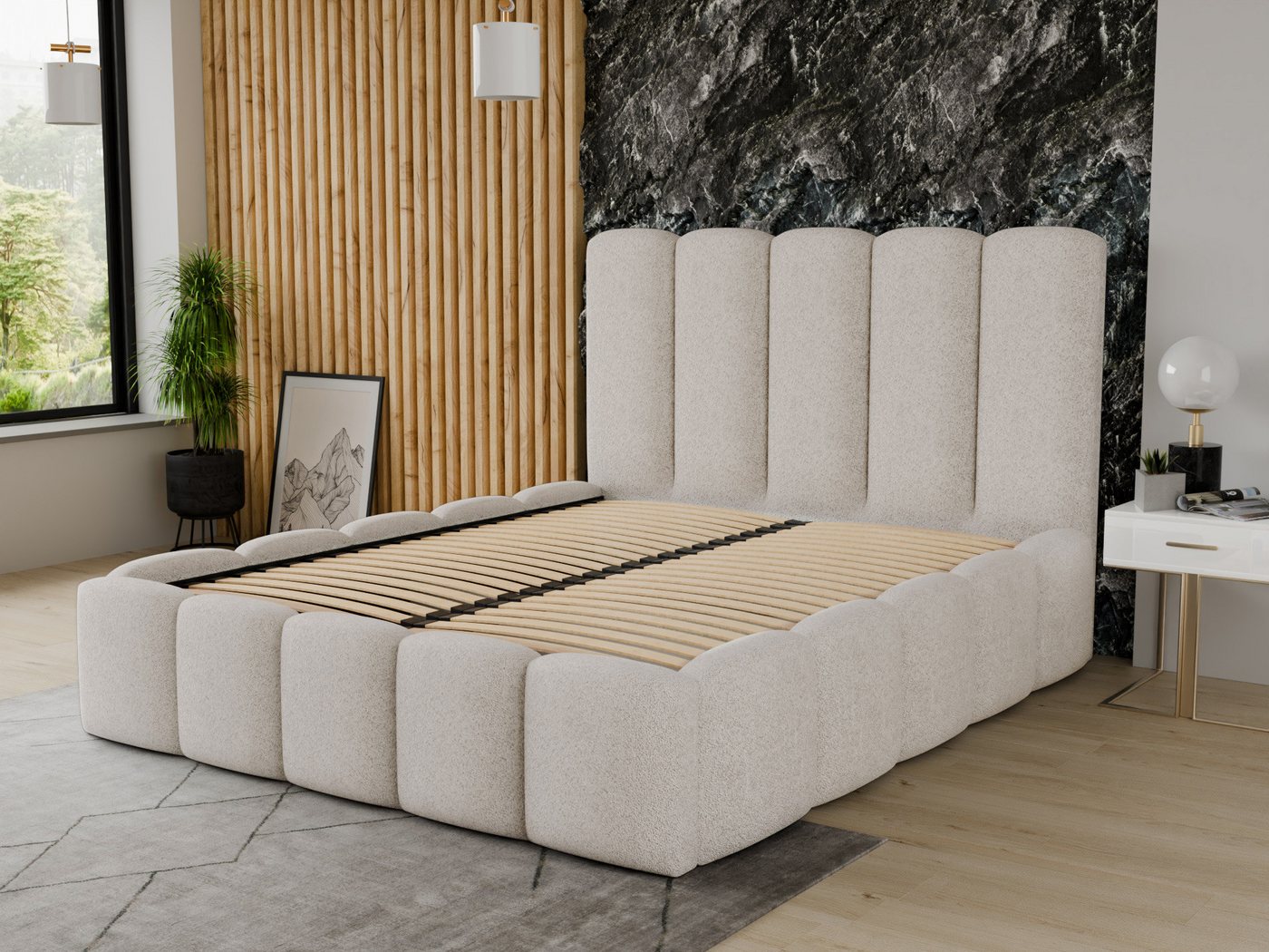 Sofnet Polsterbett Aura (mit Bettkasten und Lattenrost), Doppelbett, Bett mit Gasdruckfeder, Bouclé-Material – Bild 4 von 5