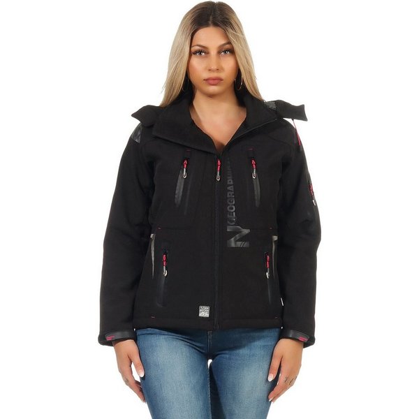 Geographical Norway Softshelljacke Geographical Norway Damen Softshell Outdoor Wander Sport Jacke in Unifarbe, mit abnehmbarer Kapuze, mit Stehkragen