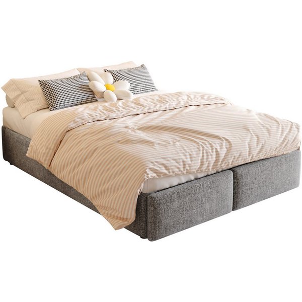 SOFTWEARY Futonbett mit Bettkasten, Lattenrost und Schubladen (140x200 cm), Bezug aus Leinen