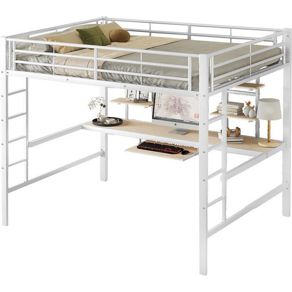 SOFTWEARY Hochbett mit Schreibtisch, Regal, Rausfallschutz und Lattenrost (140x200 cm) Metallbett, Kinderbett, Jugendbett