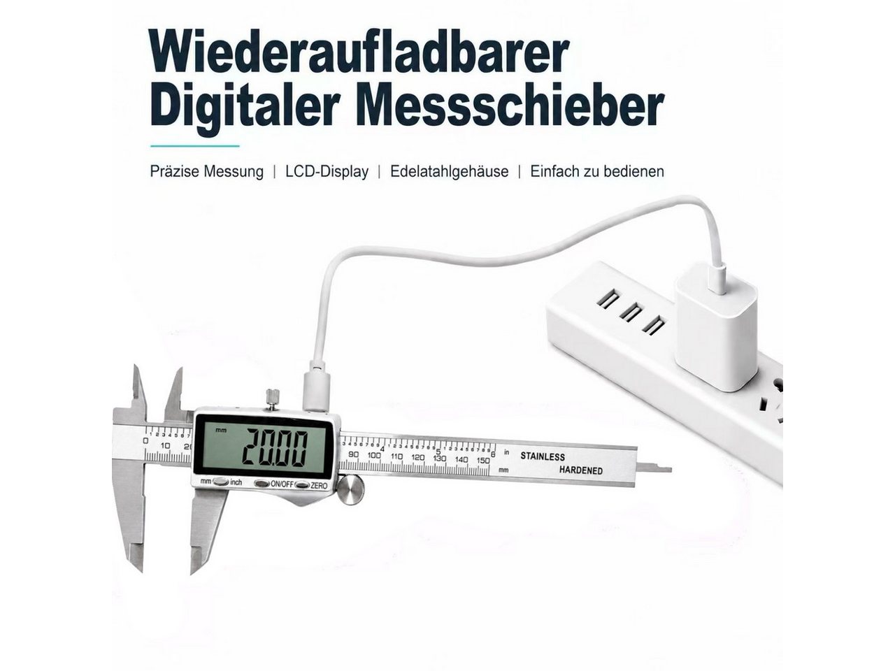 SOFTWEARY Messschieber aus Edelstahl, USB wiederaufladbar, max. 150 mm, Digital Messlehre mit LCD Display, Schieblehre 2 Modi – Bild 4 von 5