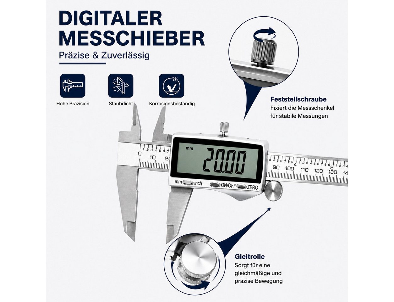 SOFTWEARY Messschieber aus Edelstahl, USB wiederaufladbar, max. 150 mm, Digital Messlehre mit LCD Display, Schieblehre 2 Modi – Bild 5 von 5