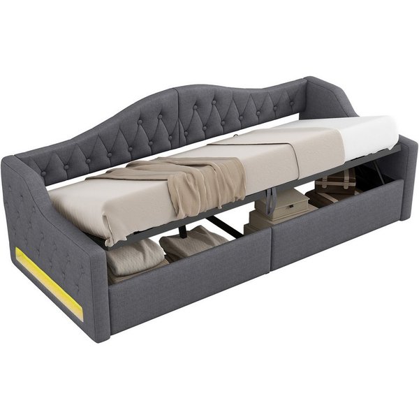 SOFTWEARY Schlafsofa mit Bettfunktion, 90x200 cm, Polsterbett mit LED-Beleuchtung, Lattenrost und Stauraum, Einzelbett, Stauraumbett, Leinen