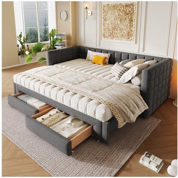 SOFTWEARY Schlafsofa mit Bettfunktion und Schubladen, 90x200cm/180x200cm, Schlafsofa mit Ausziehbett, Polsterbett