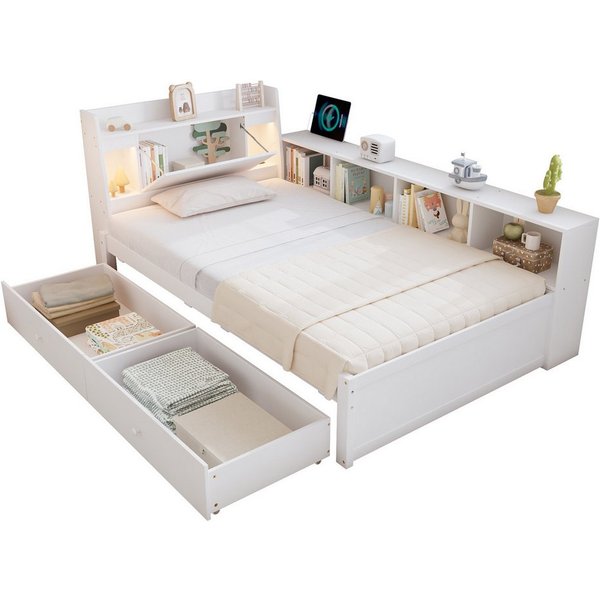 SOFTWEARY Stauraumbett (90x200 cm, Lattenrost, Schubladen, Regal, LED-Beleuchtung, Mehrfachsteckdose), Einzelbett, Holzbett, Jugendbett, Kiefer