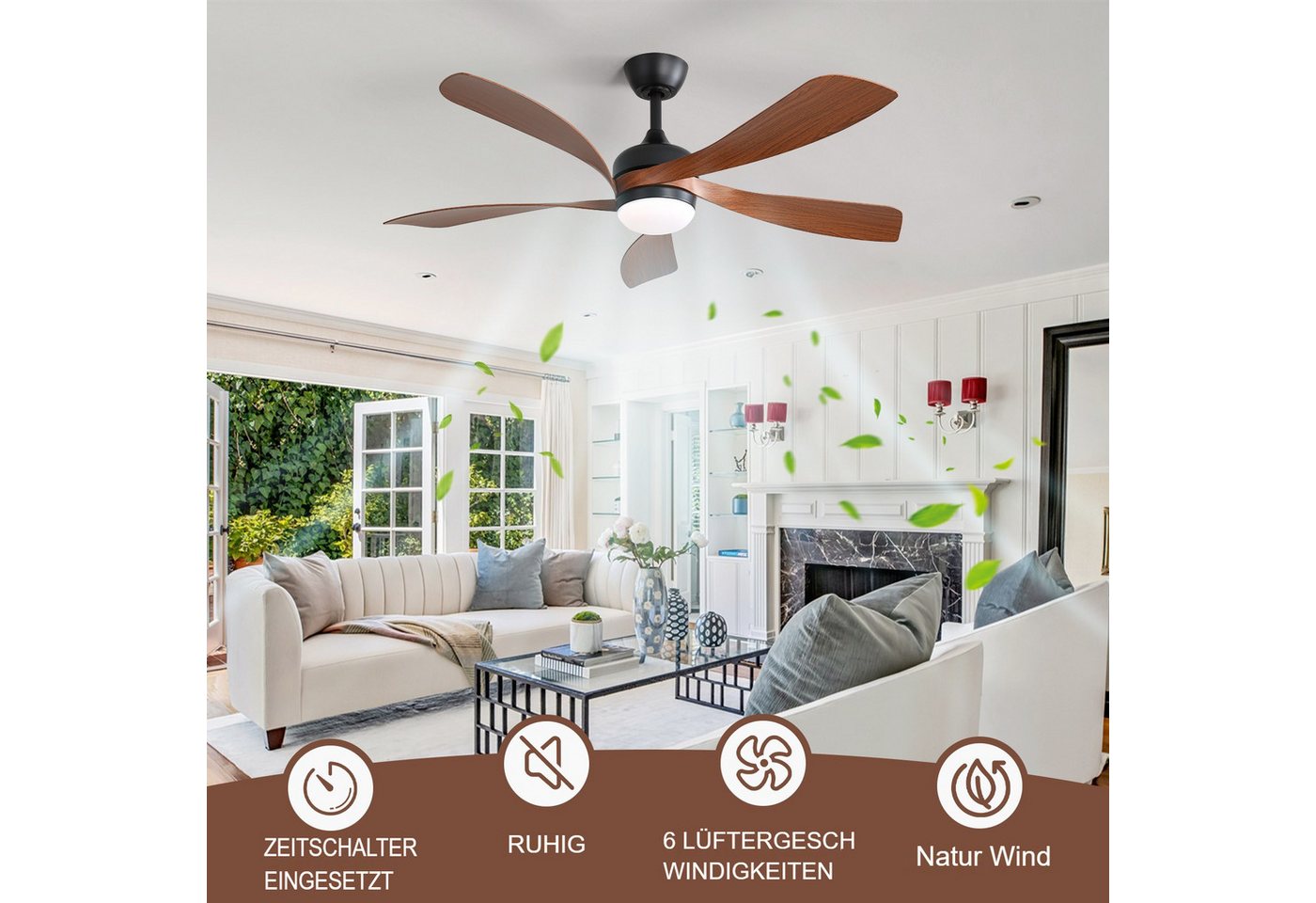 Sofucor Deckenventilator mit Beleuchtung und Fernbedienung, 132 cm moderner Deckenventilator, 5 ABS-Flügel, 6 Geschwindigkeiten, Timer-Funktion – Bild 4 von 5