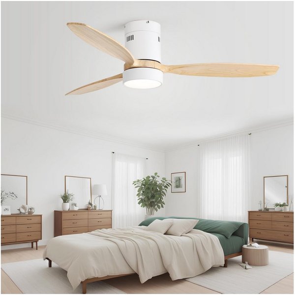 Sofucor Deckenventilator mit Licht, Massivholz Ventilatorflügel, elektrischer Ventilator, 132cm, mit Fernbedienung, 6 Geschwindigkeiten, 1/4/8H Timer