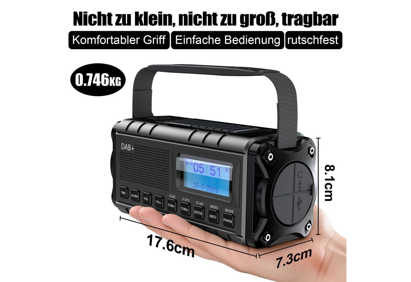 Solarbaby Multifunktionales Notfallradio, DAB+/FM Kurbelradio mit Solar,20000mAh Notfallradio (mit Handyladefunktion, Wecker, SOS Alarm, Teleskopantenne) – Bild 2 von 5