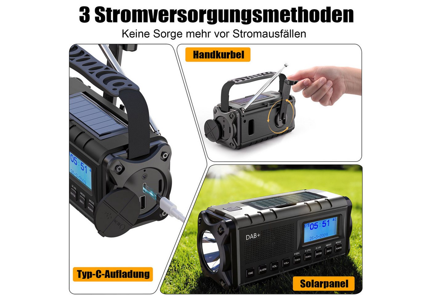 Solarbaby Multifunktionales Notfallradio, DAB+/FM Kurbelradio mit Solar,20000mAh Notfallradio (mit Handyladefunktion, Wecker, SOS Alarm, Teleskopantenne) – Bild 3 von 5