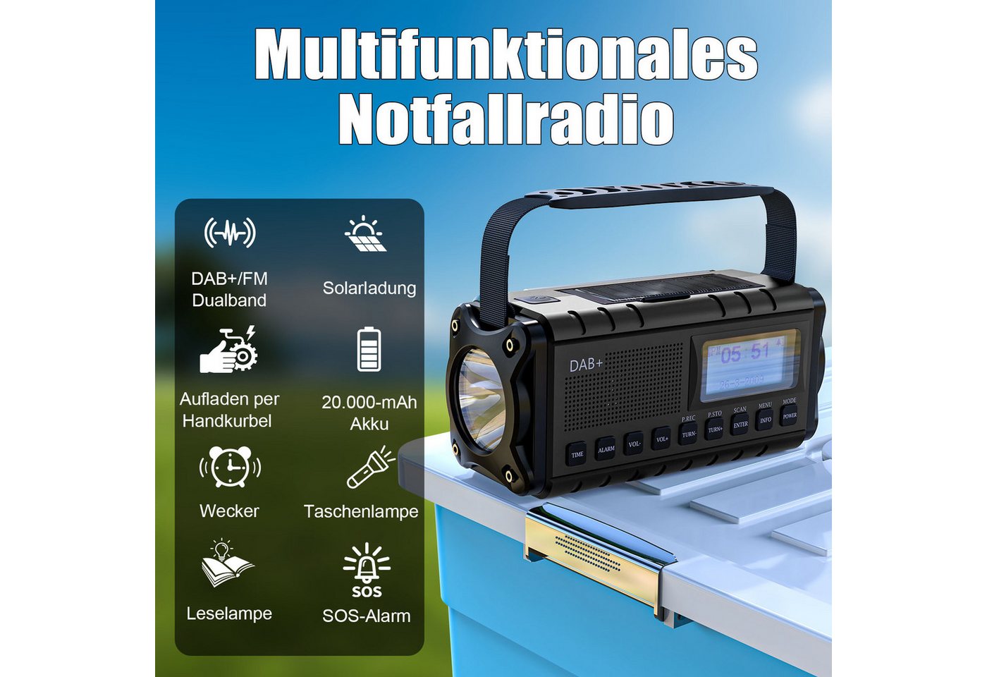 Solarbaby Multifunktionales Notfallradio, DAB+/FM Kurbelradio mit Solar,20000mAh Notfallradio (mit Handyladefunktion, Wecker, SOS Alarm, Teleskopantenne) – Bild 5 von 5