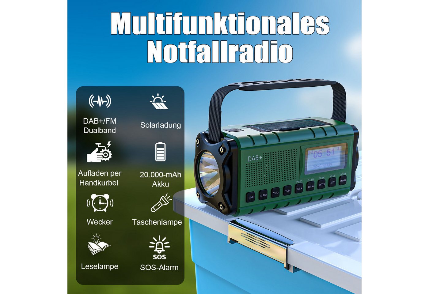 Solarbaby Multifunktionales Notfallradio, DAB+/FM Kurbelradio mit Solar,20000mAh Notfallradio (mit Handyladefunktion, Wecker, SOS Alarm, Teleskopantenne) – Bild 4 von 5