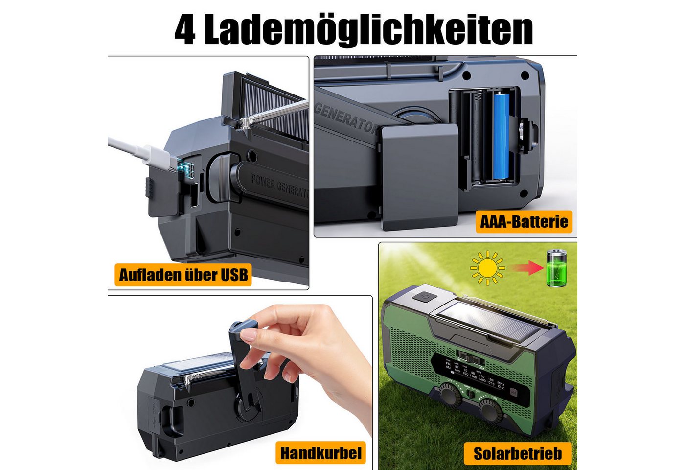 Solarbaby 10000mAh Notfallradio, AM/FM Kurbelradio mit Solar, Powerbank & SOS Notfallradio (Handyladefunktion, Leselampe, Teleskopantenne) – Bild 2 von 5