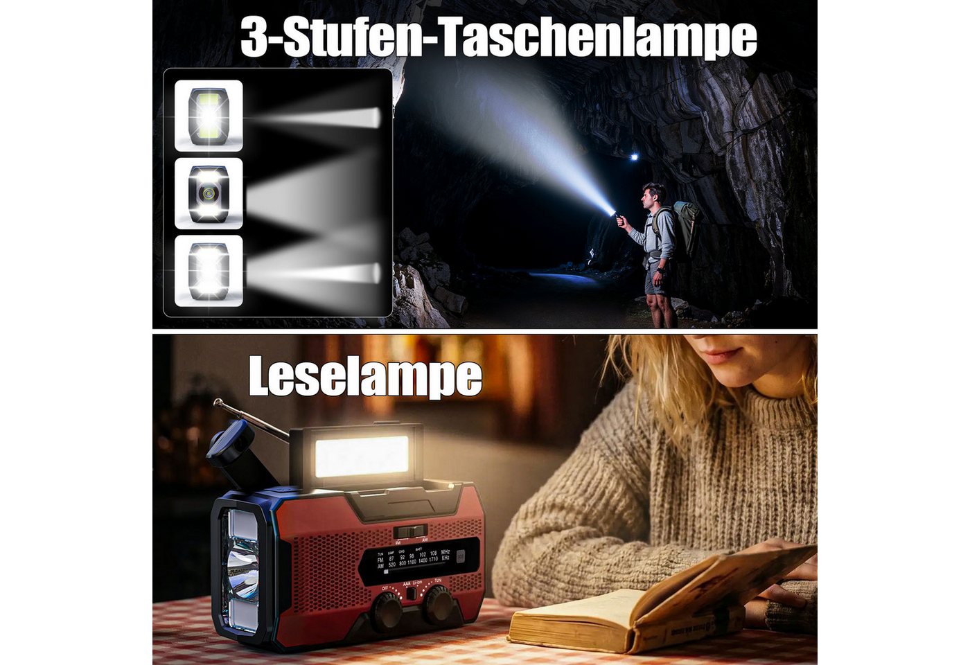 Solarbaby 10000mAh Notfallradio, AM/FM Kurbelradio mit Solar, Powerbank & SOS Notfallradio (Handyladefunktion, Leselampe, Teleskopantenne) – Bild 3 von 5
