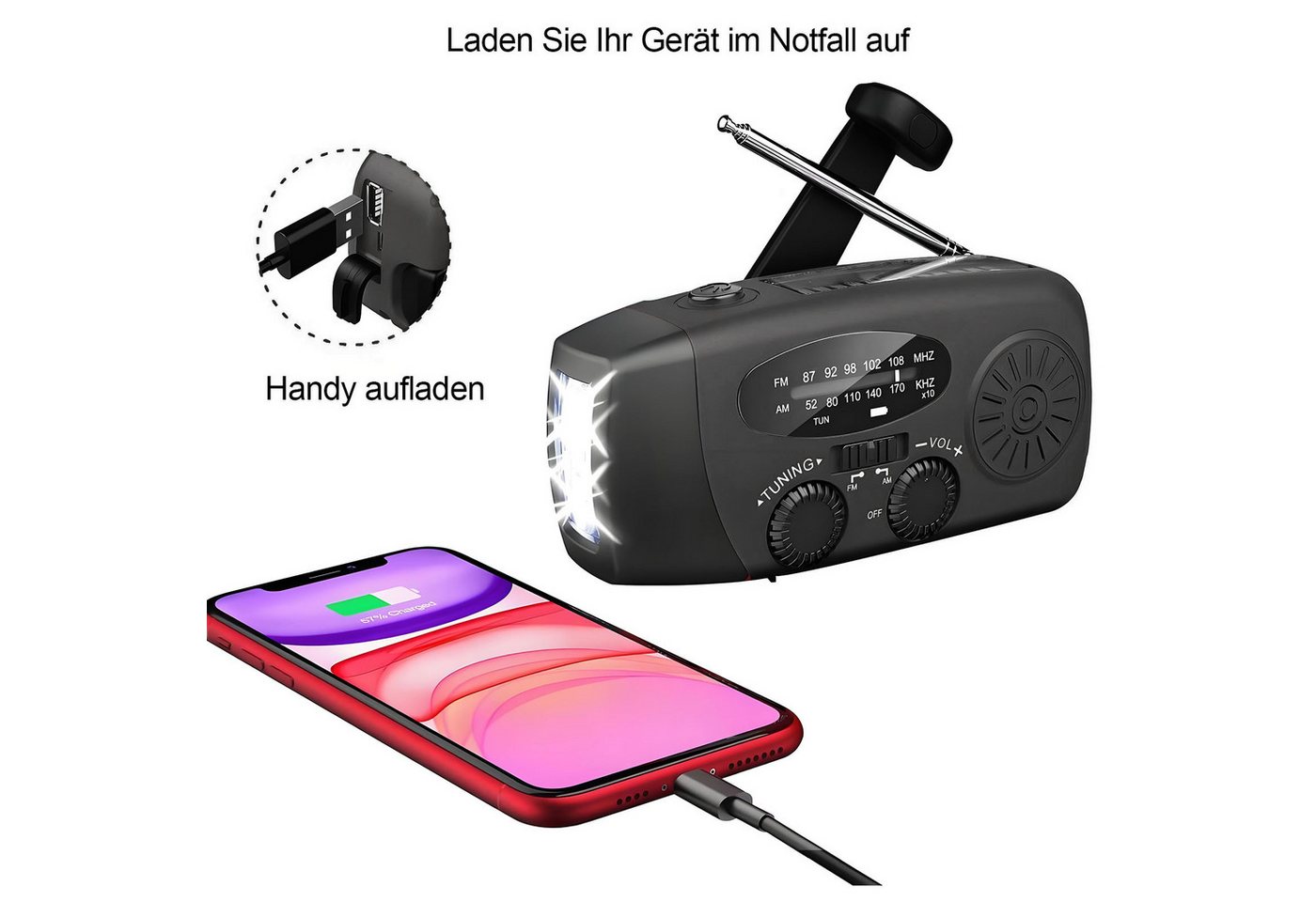 Solarbaby Notfallradio mit Kurbel & Solar, 2000mAh Powerbank, LED Lampe & SOS Notfallradio (AM/FM Wetterradio, Handy-Ladefunktion, Lithium-Akku, Leselampe) – Bild 3 von 5