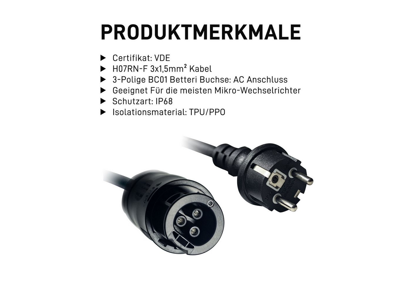 SolarMars Solaranlage Wechselrichter Betteri BC01 Kabel mit VDE Zertifikat, (Balkonkraftwerk Kabel 3 polig, mit Betteri BC01 Buchse(IP68), für Mikrowechselricht – Bild 3 von 5