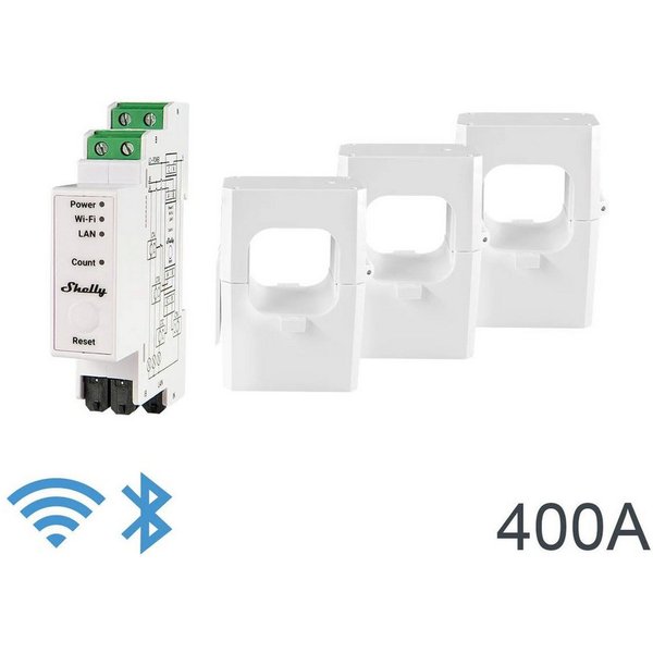 Shelly Solarmodul Shelly Pro 3EM - 400A Strommessgerät WLAN Bluetooth, (4-St), Temperatursensor