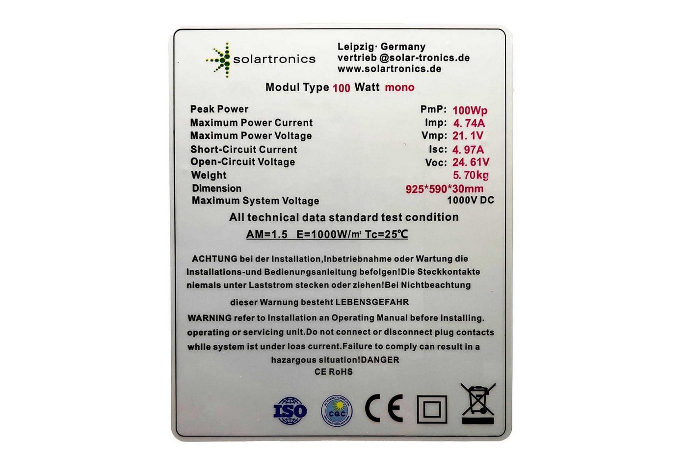 solartronics Solarmodul 100 Watt Mono Solarpanel Wohnmobil, Inselanlage, 100 W, Monokristallin – Bild 5 von 5